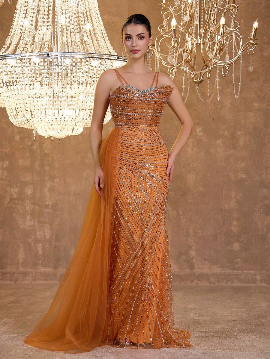 Elegant Sexy Mermaid Lace Trim Strapless Sequin Beaded Bodycon Maxi Dress - Orange - View 1
