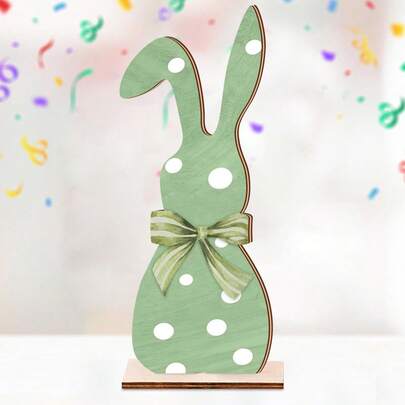 1pc Cute Easter Green Polka Dot Bunny Sign Wooden Table Ornaments, Festive Decorations, Easter Wooden Table Decorations. Suitable For Easter Party Table Decorations, Festive Decorations, Living Room Dining Table Decorations