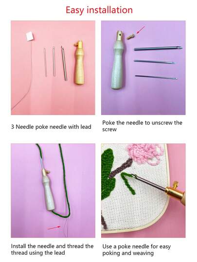 Bộ kim đục lỗ 3 chiếc cán gỗ tự nhiên, có thể thay thế, bao gồm các kích cỡ 1.5/2/3.5mm, trơn tru và không bị vướng, thích hợp cho thêu đục lỗ kiểu Nga, thêu nhung, thêu thảm và các kỹ thuật thêu đục lỗ khác. Có thể dùng để trang trí nhà cửa và làm quà tặng thủ công như tranh treo tường, gối tựa, đế lót ly và đồ trang trí.