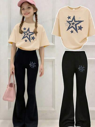 This Casual Set Is Designed For Young Women, Featuring A Unique Star Print. The Set Includes A Beige Round Neck Short Sleeve T-Shirt And A Flared Pants.