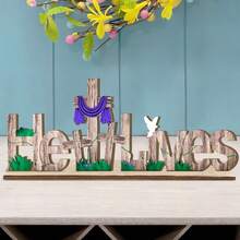 1pc Easter Wooden Table Decorations, He Is Risen Easter Wooden Table Ornaments, Festive Decorations, Suitable For Easter Party Table Decorations, Spring Living Room Dining Table Decorations - Multicolor - View 2