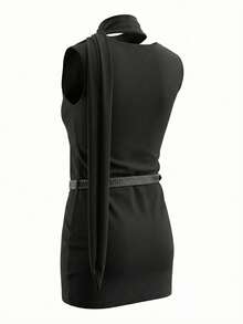 Y2K 美国坏女孩紧身黑色垂褶露背连衣裙，夏季性感铆钉腰带收腰黑色连衣裙 - 黑色 - 查看 9