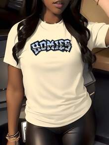 1pcs Homies Letter Graphic Print T Shirt 220g Street Style Women's Casual Round Neck 100% Cotton Tee Urban Fashion - 杏色 - 查看 8