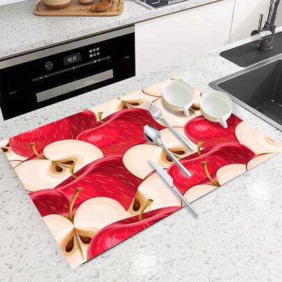 1pc Super Absorbent Quick Dry Non-Slip Kitchen Mat - Dish Drying Mat With Sunny Branch Fruit Pattern, Non-Slip Base, Suitable For Coffee Bar, Dining Table - Easy Clean Surface And Fast Drying Design, Fits Modern Or Traditional Kitchen, Coffee Bar Accessories, Stylish Home Decor