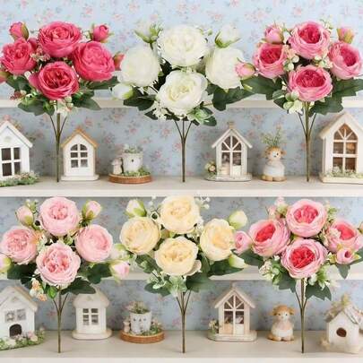 Artificial Rose Bouquet, Living Room & Dining Table Decor, Wedding Decoration, Fake Dried Silk Flower Arrangement, Home Decor, Atmosphere, Photography Prop - Pink Rose & Peony