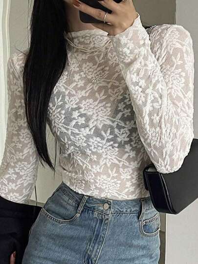 Sexy Long Sleeve Lace Turtleneck Undershirt, Women's Solid Color Casual Top
