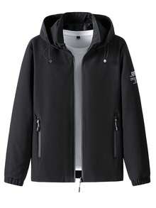 Men's Casual Hooded Windbreaker Jacket - Spring/Fall Relaxed Fit Zip Up Jacket With Pockets - Black - View 5