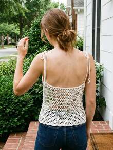 Women Sequin Crochet Knit Camisole Slim Hollow Out V Neck Spaghetti Strap Open Back Tops for Summer Beach Party - Blanco - Ver 6