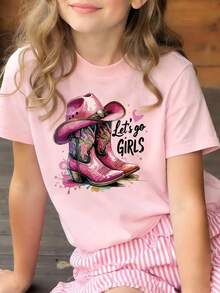 Tween Girls' Casual Graphic Print Crew Neck Short Sleeve T-Shirt, Summer Top - Pink - View 4