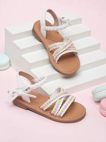 1 Pair Summer Party & Wedding Cute Striped Woven Hook And Loop Princess Style Lace Flat Sandals For Toddler Girls - White - View 2