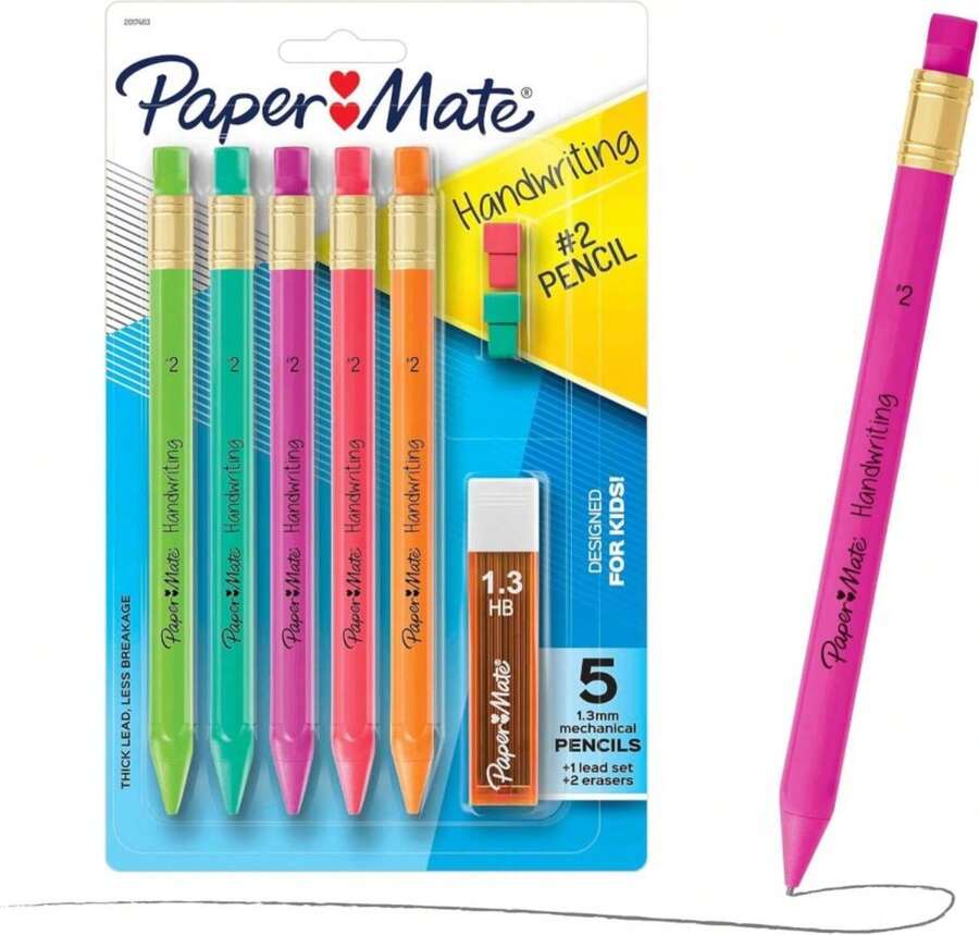 Paper Mate Handwriting Triangular Mechanical Pencil Set With Lead &Amp; Eraser Refills, 1.3mm, 8 Count - Back To School, Teacher Supplies, Home, Kids Writing, Fun Barrel Colors - ColorA - 查看 1