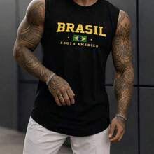 Men's Tank Top With Brazil South America World Cup Print. Sleeveless Shirt In Lightweight And Comfortable Cotton Knit For All Seasons. - màu đen - Xem 1