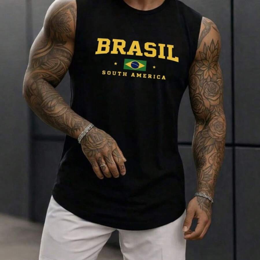 Men's Tank Top With Brazil South America World Cup Print. Sleeveless Shirt In Lightweight And Comfortable Cotton Knit For All Seasons. - màu đen - Xem 1