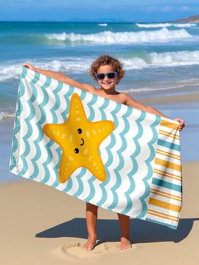 1pc Yellow Starfish Wave Pattern Children's Beach Towel, Super Soft Microfiber Extra Large Beach Blanket, Super Absorbent Bath Towel, Suitable For Travel, Swimming Pool, Diving, Surfing, Yoga, Camping, Available In Multiple Sizes, Beach Accessory