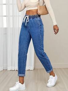 Pantalones 3/4 de denim elástico 9635-1#, casuales y versátiles, bajo enrollado, cintura elástica cómoda con cordón, pantalones cortos de denim para primavera - azul medio - Ver 6