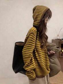 Striped Ribbed Drawstring Contrast Trim Casual Knit Hooded Sweatshirt, Striped Knit Pullover, Loose Autumn/Winter Layering Knit Top, Striped Pattern Drawstring Hooded Sweatshirt Sweatshirt, Casual Long Sleeve Autumn/Winter, Women Clothing - Yellow - View 2