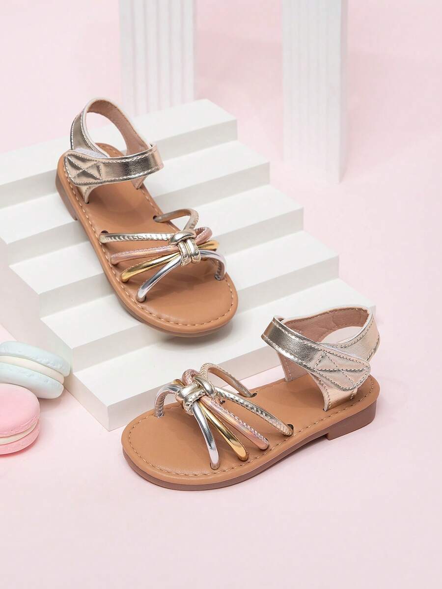 1 Par de Sandálias Rasteiras de Princesa com Laço e Tira Trançada Listrada, Estilo Fofo para Festa de Verão e Casamento, para Meninas Pequenas - Multicolorido - Visão 1