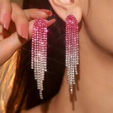 1 Pair Elegant & Chic Rhinestone Tassel Drop Earrings, Fashionable European And American Style For Women - Rose Pink Gradient - View 2
