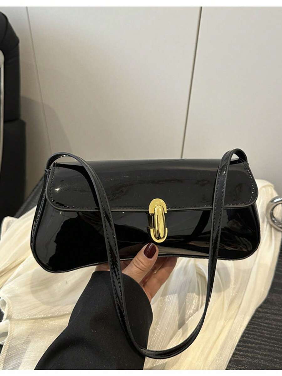 法式镜面腋下包，时尚手提单肩包，百搭单肩包，韩版女士手提包，简约新月形女士包，通勤包 - 黑色 - 查看 1