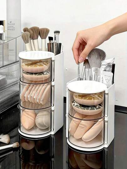 1pc Multi-Layer Rotating Partition Storage Box, Hairpin, Tie, Hair Band Storage Box, Headwear Display Box, Dust-Proof Storage Box, Multi-Functional Compartment, Can Accommodate Combs, Glasses, Makeup Brushes, Simple And Practical PET Material Hair Accessories Box, Birthday Gift Box, Makeup Sponge Storage Box