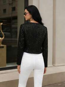 Elegant Casual Sequin Button Front Long Sleeve Party Evening Jacket - Black - View 3
