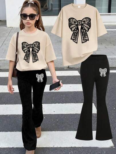 2pcs/Set Suitable For Teenage Girls: 1 Round Neck T-Shirt With Bow Print And 1 Casual Flare Pants. Very Suitable For Spring & Summer, Can Be Worn For Shopping, Party, Sports, Travel And School. An Excellent Gift For Teenage Girls.