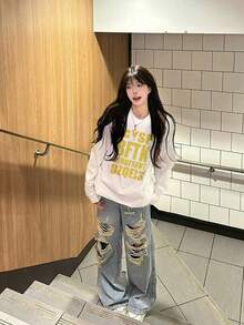 街头风美式设计字母印花宽松休闲长袖T恤，女款，白色，秋冬季 - 白色 - 查看 4