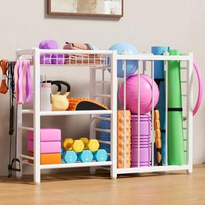 Sports Equipment Organizer Ball Storage Rack with Elastic Straps Garage Sports Organizer Storage Cart with Hooks Basketball Rack for for golf Football Soccer Ball Bat White