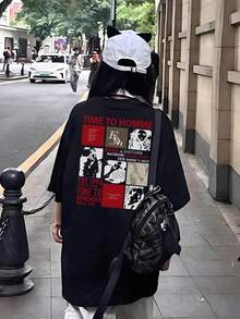 Women's Casual Loose Fit Crew Neck Cartoon Letter Print Short Sleeve T-Shirt, Spring/Summer - Black - View 3