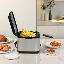 Minifreidora de sobremesa MAIBAFANG, multifuncional de acero inoxidable, ideal para freír hamburguesas, pavo, etc. Con temporizador y función de escurrido, perfecta para cocinar en fiestas y para uso familiar. Incluye clips de regalo. - Ver 8