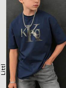 Tween Boys Casual Printed Crew Neck Short Sleeve T-Shirt, Summer Top - Navy Blue - View 1