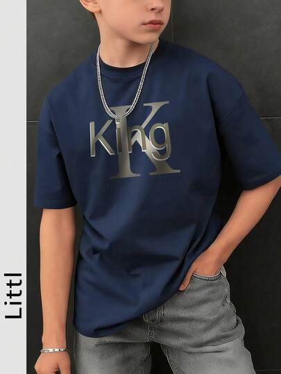 Camiseta de cuello redondo de manga corta con estampado informal para niños preadolescentes, top de verano