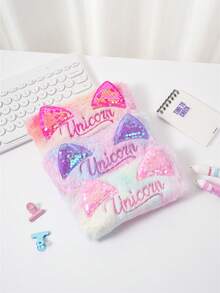 1个时尚扎染猫耳铅笔盒，亮片文具袋，毛绒字母拉链铅笔袋，简约收纳袋 - 粉色 - 查看 9