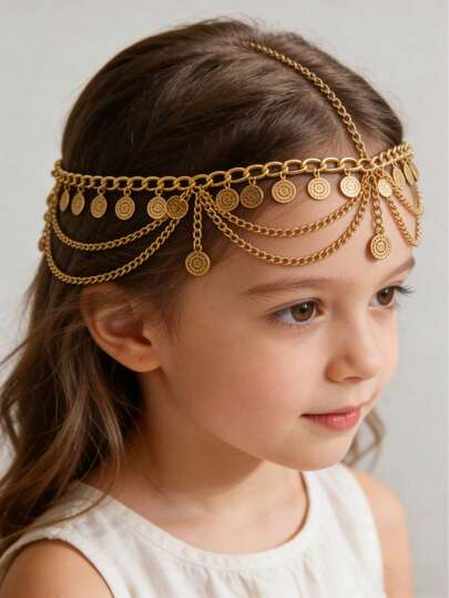 Fashionable Bohemian Style Round Alloy Chain With Crystal Pendant Hairband. A Beautiful Accessory. Suitable For Girl To Wear At Parties, Festival Events, Ramadan Celebrations, Daily Occasions Or As School Supplies. Girls Can Also Wear It.