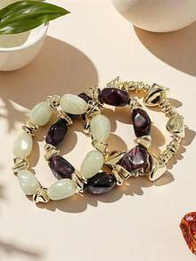 Set de 3 piezas de pulseras estilo vintage bohemio, pulseras de cuentas de acrílico marrón de múltiples capas gruesas, unisex, adecuadas para fiestas y uso diario, de lujo y alta gama - Pulsera de cuentas marrones - Ver 6