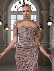 亮片刺绣流苏3D花朵优雅性感修身开衩晚礼服 / 适合婚礼、鸡尾酒会、宴会和派对 - 卡其色 - 查看 3