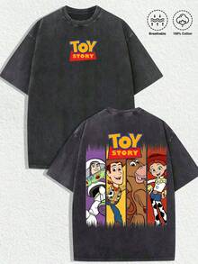 Disney-Toy Story Multi Character Pure Cotton Short Sleeved T-Shirt For Men In Summer Doing Old Water Washed Loose Large Top Bath Lightyear Woody Red Heart Cuisi Vertical Printed Casual Half Sleeve Parent Child Wear - 黑色 - 查看 3
