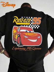 Disney Men's Casual T-Shirt, Featuring A Red Cartoon Car Pattern From "Cars", Full Of Cartoon Fun Atmosphere, Suitable For Disney Outings, Racing Themed Events, Street Gatherings And Other Scenes - 黑色 - 查看 2