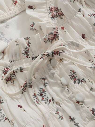 Camisa de manga abullonada con lazo floral para mujeres , estilo bohemio de verano, top suelto estampado