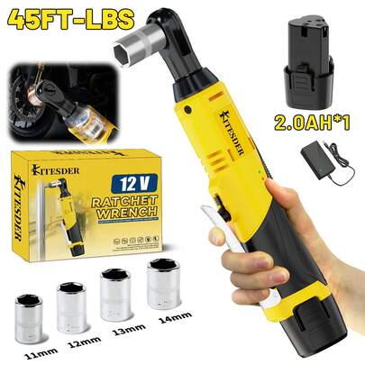 KITESDER 12V Wireless Ratchet Wrench 3/8" Square Drive 40FT-LBS 0-400RPM LED Light For Auto Repair