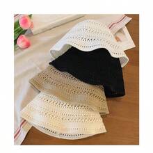 Spring Hot Item, Summer Fashionable Hollow Woven Bucket Hat, Women's Outdoor Face Enhancing Small Wide Brimmed Knitted Basin Hat, Casual Versatile Sun Hat - 卡其色 1 - 查看 3