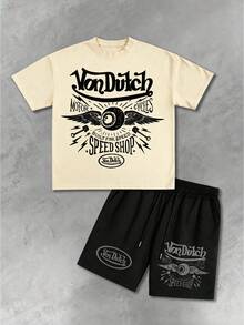 Men's Streetwear Style Printed Short-Sleeved Suit Set - Màu be - Xem 1