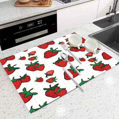 1pc Polka Dot Strawberry Pattern Design, Dish Drying Mat, Non-Slip Absorbent, Suitable For Kitchen Drain Mat, Tabletop Protector, Coaster, Washing Machine And Dryer Floor Mat, Home Dining Table Decor, Holiday Gift