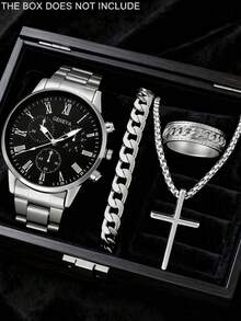 4件套简约休闲男士石英表套装，包含1块时尚银色金属表带手表和1条配套手链，罗马数字多表盘设计，适合日常商务和街头穿着。 - 銀色 - 查看 1