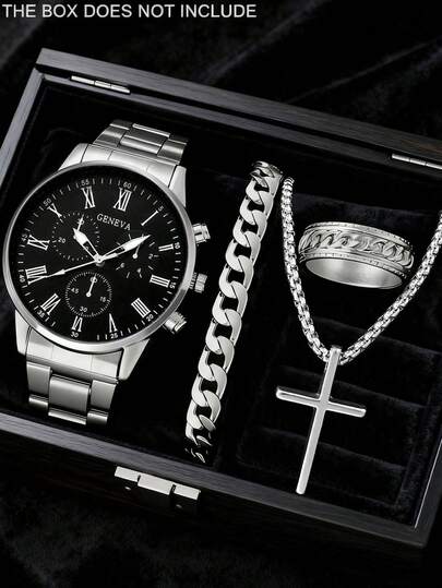 Set de 4 relojes de cuarzo minimalistas y casuales para hombres, incluye 1 reloj con correa de metal plateado estiloso y pulsera a juego, diseño de múltiples esferas con números romanos, cómodo para uso diario en negocios y ropa casual