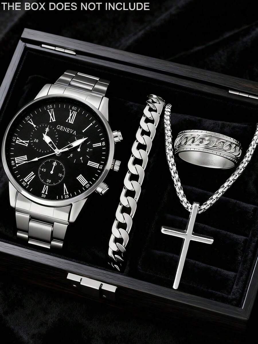 4件套简约休闲男士石英表套装，包含1块时尚银色金属表带手表和1条配套手链，罗马数字多表盘设计，适合日常商务和街头穿着。 - 銀色 - 查看 1