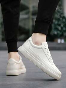 Men's Versatile Minimalist Solid Color Patchwork Low-Top Lace-Up Casual Sneakers, Fashionable Comfortable Round Toe Flat Skateboard Shoes For Teenagers - Beige - View 8