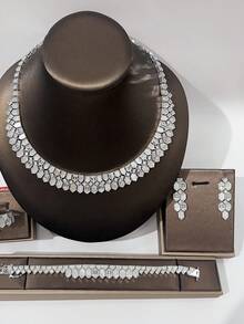 4pcs Luxury Jewelry Set: Necklace, Earrings, Ring, Bracelet With Cubic Zirconia, Bridal Jewelry Set, Elegant Gift For Valentine's Day - White - View 5