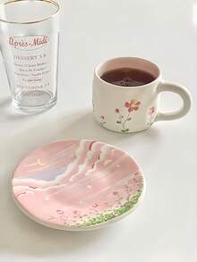 1pc Pink Floral Ceramic Coffee Cup & Saucer Set, Hand-Painted Blue Sky & White Cloud Coffee Mug, Birthday/Holiday Gift, Ceramic Teacup - Multicolor - View 7