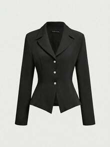 2pcs/Set Elegant Business Formal Suit Blazer + Slit Hem Skirt Outfit Black - Black - View 6
